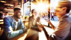 Three diverse friends animatedly discussing podcast marketing in a cozy cafe during golden hour.