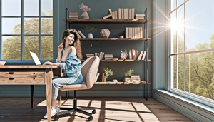 A cozy home office with a smiling woman reviewing podcast production services in soft sunlight.