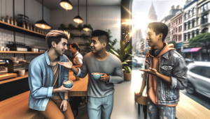 A lively café scene with three diverse individuals discussing podcasting, sunlight filtering through windows.