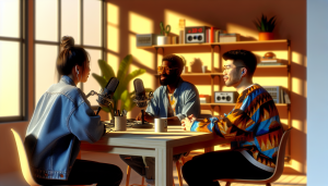 A lively podcast studio scene with diverse individuals engaged in discussion, illuminated by warm sunlight.