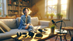 A cozy podcasting setup with a smiling woman, warm sunlight, and inviting decor, inspires creativity.