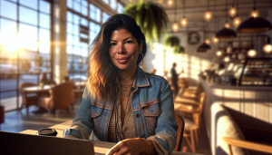 A confident woman in a cozy urban café, podcasting as warm sunlight creates an inspiring atmosphere.