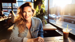 A young woman smiles at a cozy coffee shop, basking in golden hour light, radiating warmth and creativity.