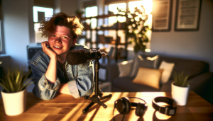 A cozy home office at golden hour, featuring a relaxed podcaster amidst warm, inviting light.