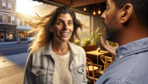 Two podcast hosts share a moment in a sunlit café, engaging in lively conversation with warmth and enthusiasm.